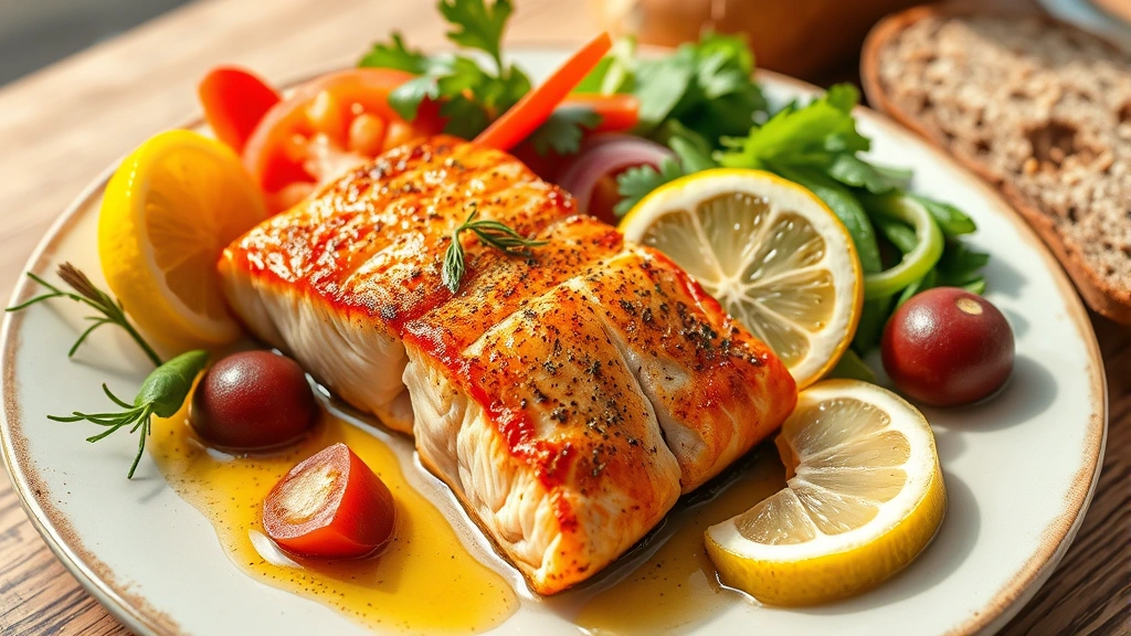 A colorful Mediterranean dinner plate with grilled salmon, olive oil drizzle, fresh vegetables, whole grain bread, and lemon, warm natural lighting