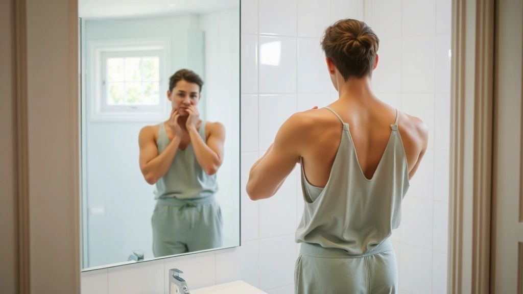 A person checking their reflection in mirror with confident posture, wearing slightly looser clothing, bright bathroom with natural window light