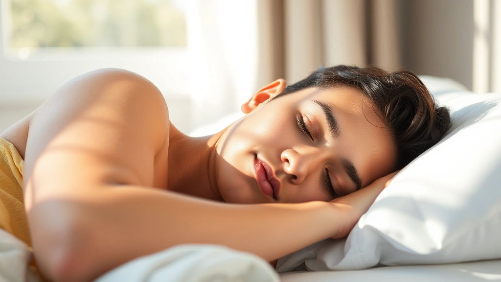 Person sleeping peacefully on side, calm expression, soft bedroom lighting, relaxed shoulders, healthy sleep posture, morning sunlight through window, serene bedroom environment