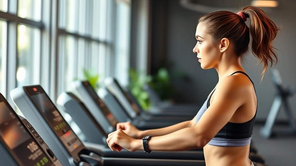 Woman doing cardio exercise on treadmill, focused expression, athletic wear, bright gym setting, natural energy and movement, health-conscious environment, determined posture