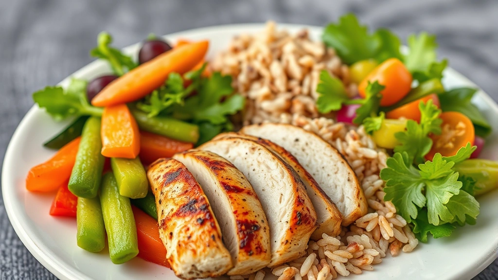 Healthy balanced meal plate with grilled chicken, colorful vegetables, whole grain rice, and fresh salad, professional food photography, appetizing presentation, wellness-focused dining