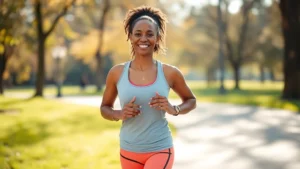 Woman of color smiling confidently in comfortable workout clothes during outdoor morning jog, natural sunlight, peaceful park setting, health and wellness focus