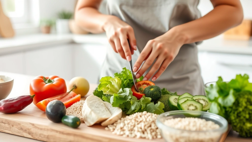 Person preparing nutritious meal with fresh vegetables, lean protein, and whole grains on wooden cutting board in bright kitchen, wholesome food preparation