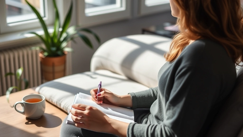 Woman journaling or meditating peacefully indoors with natural light, cup of tea nearby, representing mental health and wellness self-care practices