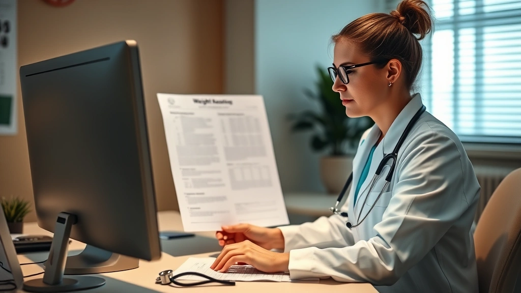 Healthcare professional reviewing medical records on computer with weight loss documentation visible, professional clinical setting with soft lighting, stethoscope on desk, warm neutral tones
