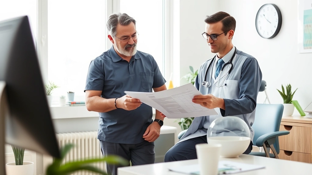 Patient and doctor having consultation about weight loss progress, reviewing chart together in modern medical office, supportive healthcare environment, natural daylight through window