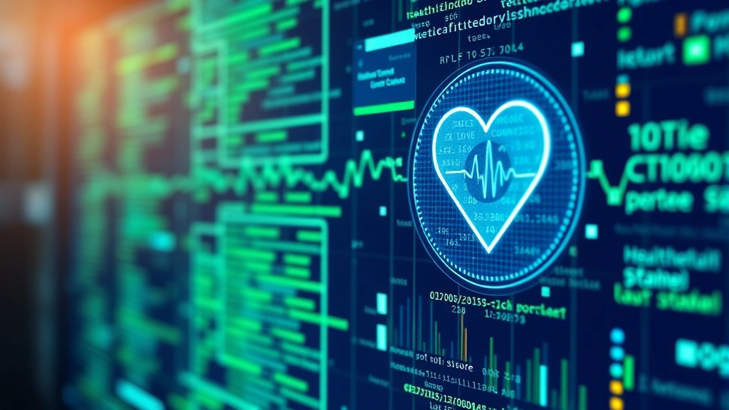 Abstract medical coding and health data visualization, digital health records interface, healthcare technology concept, blue and green wellness tones, modern medical setting