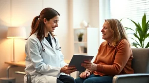 Professional female doctor in white coat consulting with patient in modern clinic office, discussing weight loss plan with tablet, warm lighting, genuine interaction, health-focused environment