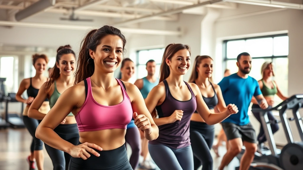 Diverse group of people exercising together in bright gym setting, various fitness levels shown, smiling and motivated, contemporary equipment visible, natural daylight, wellness community atmosphere