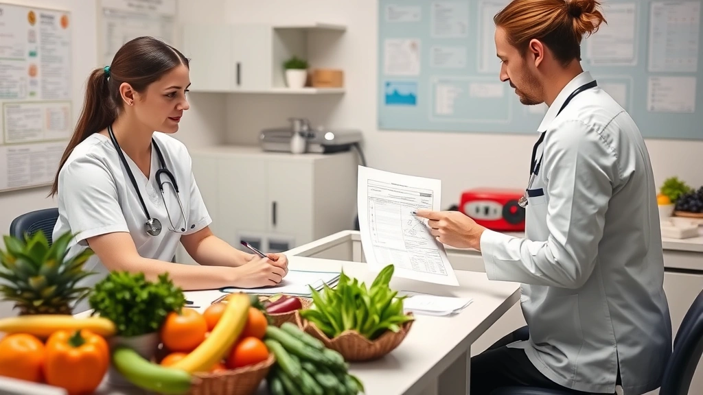 Registered dietitian reviewing nutrition charts with patient in clinical setting, fresh fruits and vegetables on desk, healthy meal preparation visible, professional healthcare environment, supportive consultation