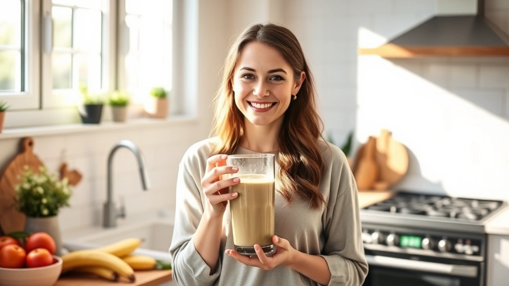 Woman holding a nutritious meal replacement shake in a bright kitchen, smiling confidently, morning sunlight streaming through windows, fresh ingredients visible on counter nearby