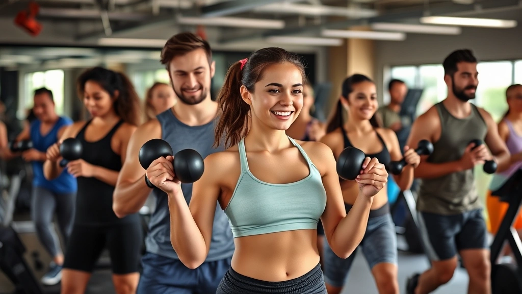 Diverse group of people exercising in a gym—some with dumbbells, others doing cardio—showing strength training combined with weight management approach, energetic and motivated atmosphere