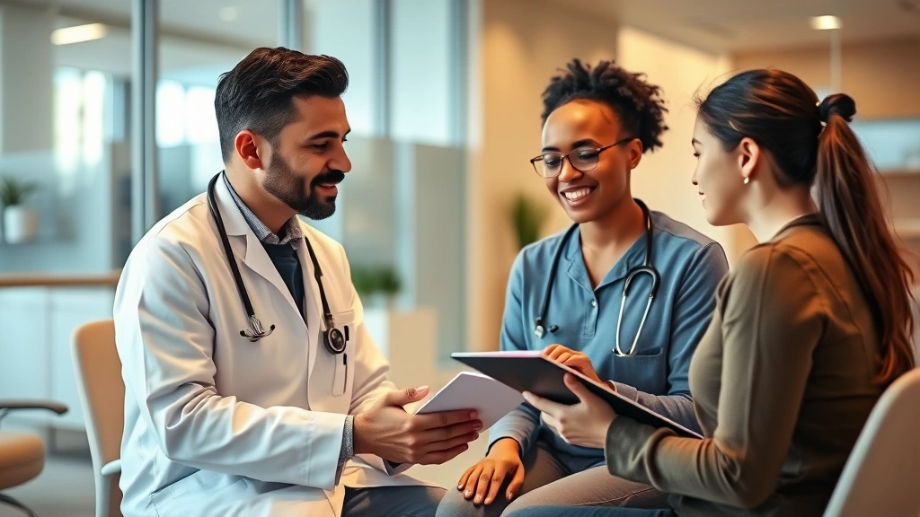 Diverse healthcare provider discussing medication options with patient in modern clinic office, warm lighting, professional consultation setting, patient taking notes