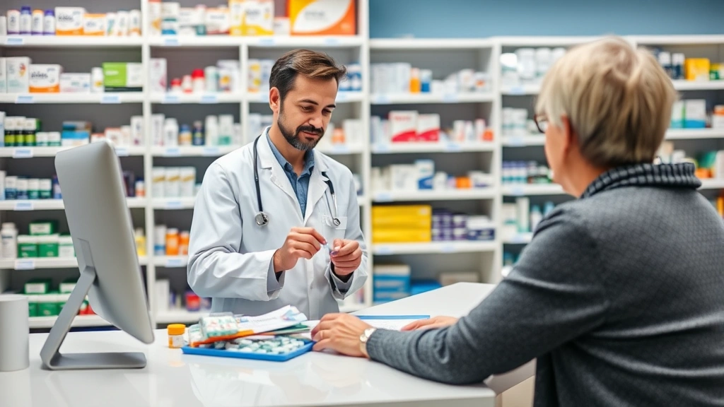 Pharmacist preparing weight loss medication prescription at pharmacy counter, organized medication shelves in background, professional healthcare environment, patient receiving consultation