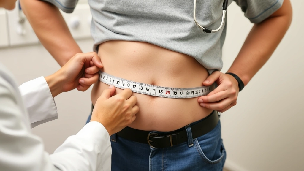 Person measuring waist circumference during medical check-up with healthcare provider, clinical setting, focus on health metrics and wellness assessment