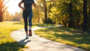 A person in athletic wear taking their first confident step on a winding path through a sunny park, symbolizing the beginning of a health journey
