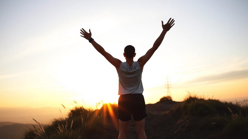 A person with arms raised in celebration at the top of a hill at sunrise, expressing joy and accomplishment from reaching a fitness milestone