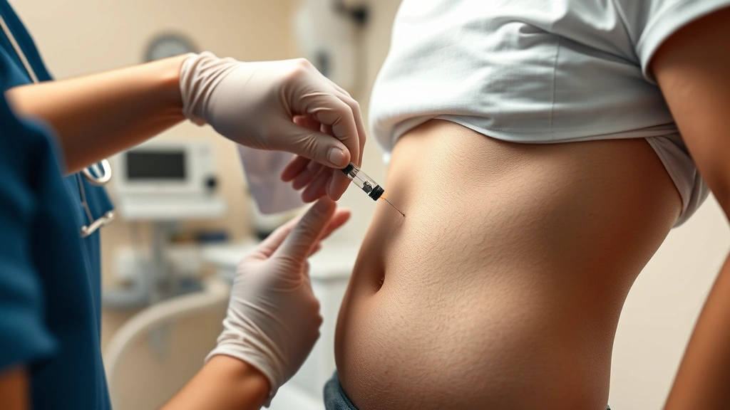 Photorealistic image of a healthcare provider administering a subcutaneous injection to a patient's abdomen in a clinical setting, showing proper injection technique with a small syringe, warm lighting, professional medical environment, no visible text or numbers
