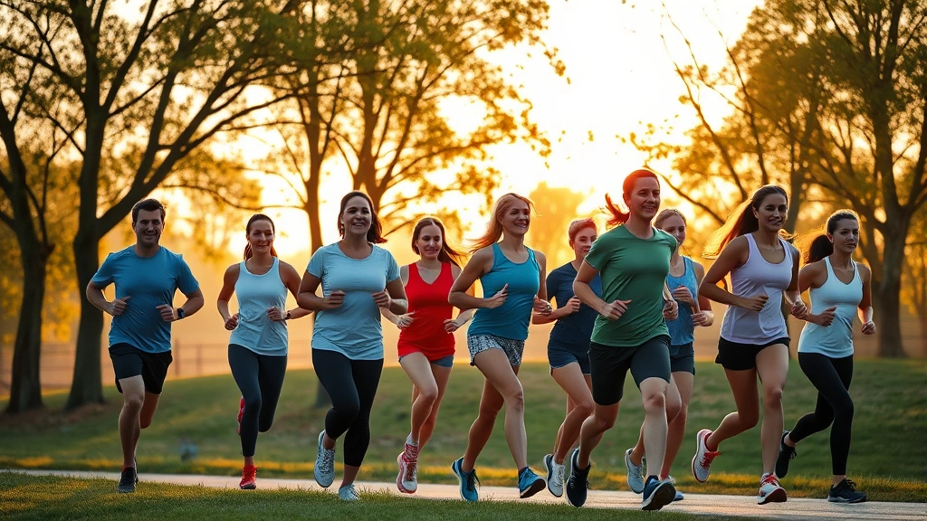 Photorealistic image of a diverse group of people jogging together in a park during golden hour, showing healthy active individuals exercising outdoors with trees and natural landscape in background, vibrant and motivating atmosphere, no text visible
