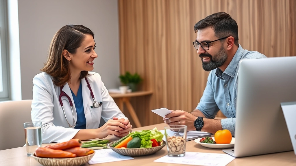 Photorealistic image of a nutritionist or dietitian consulting with a patient at a desk, reviewing healthy meal options and nutrition information, showing positive interaction with fresh vegetables and water visible on desk, professional healthcare setting, no charts or meal plan documents with text visible
