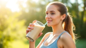 Woman drinking a protein shake outdoors in morning sunlight, fit and healthy appearance, natural lighting, wellness setting