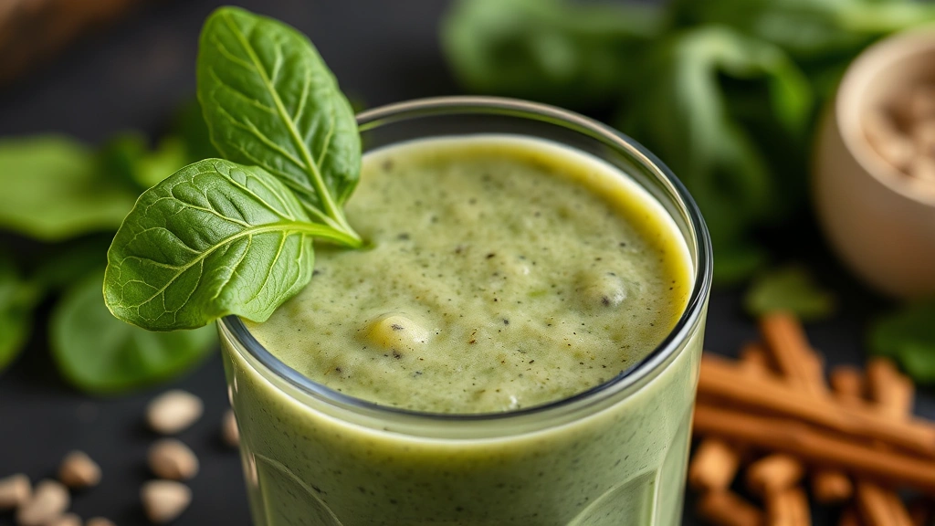 Close-up of blended protein shake in glass with fresh spinach and protein powder components visible, nutritious smoothie bowl concept