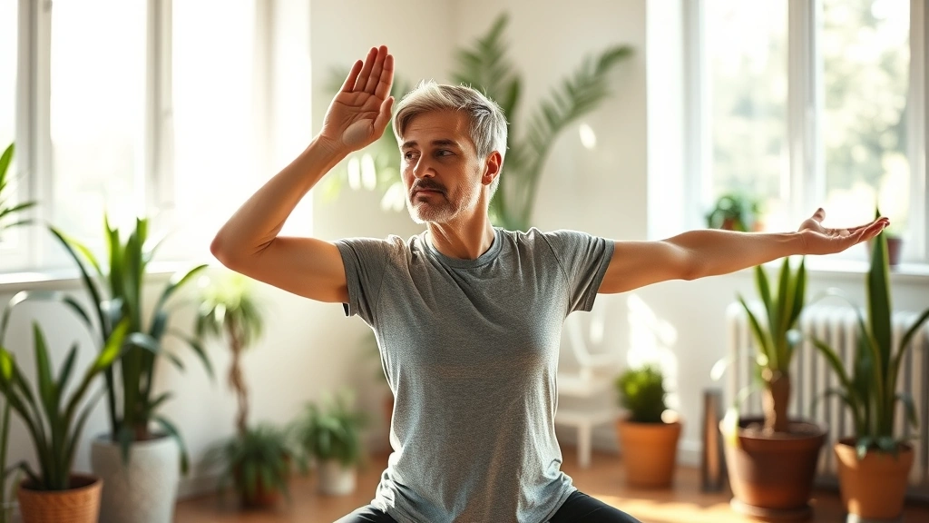Person doing stretching exercise in bright home gym with plants, focused determined expression, natural sunlight streaming through windows, health and wellness environment