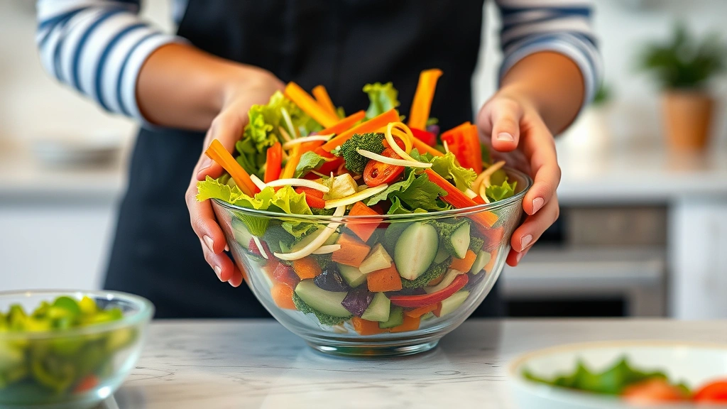 Individual preparing colorful salad bowl with fresh vegetables in modern kitchen, hands working with food, vibrant produce visible, healthy eating preparation scene