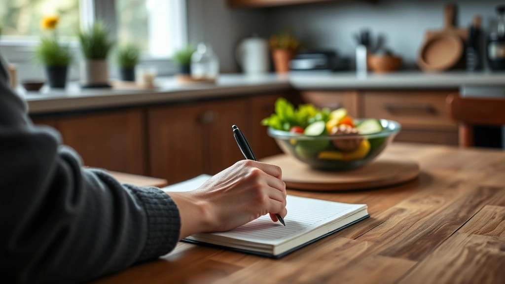Person journaling food intake with healthy meal visible, natural kitchen lighting, relaxed atmosphere, notebook and pen on wooden table