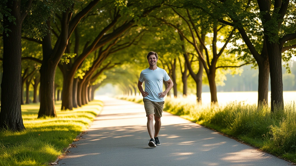 Individual walking outdoors on tree-lined path, morning sunlight, peaceful expression, active lifestyle, natural environment