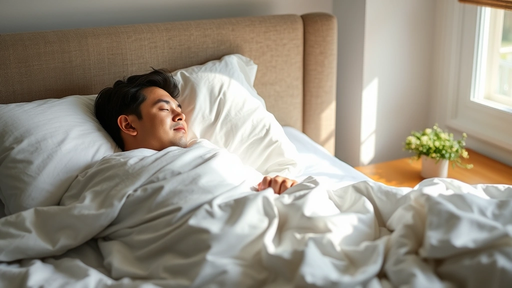 Person sleeping peacefully in comfortable bed with white linens, calm bedroom environment, morning light through window, rested appearance