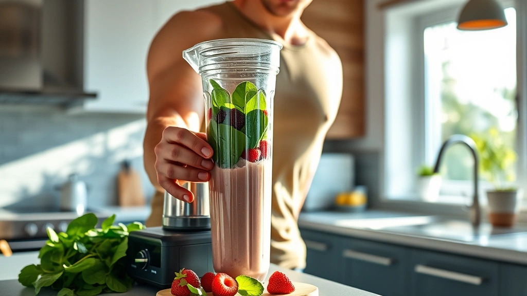 A fit person blending a creamy protein shake with fresh berries and spinach in a modern kitchen, morning sunlight streaming through windows, vibrant green vegetables and colorful berries visible