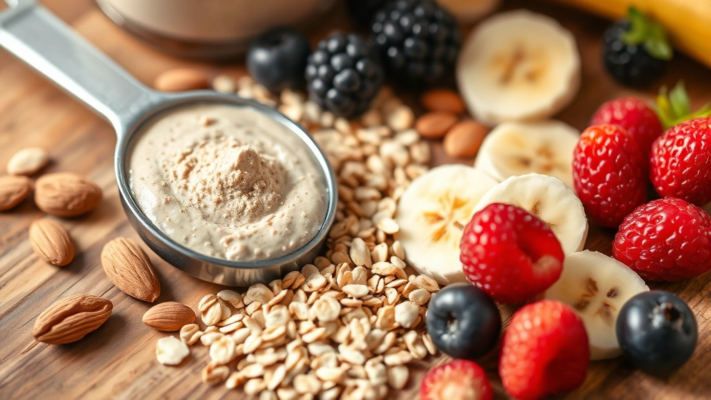 Close-up of nutritious shake ingredients arranged on wooden surface: protein powder scoop, oats, almonds, banana slices, and berries, natural daylight highlighting food textures and colors
