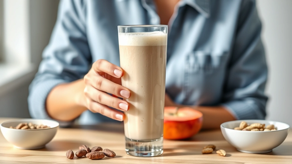 Woman holding a tall glass of smooth, creamy weight loss shake with foam top, sitting at table with healthy breakfast items like fruit and nuts nearby, bright natural lighting