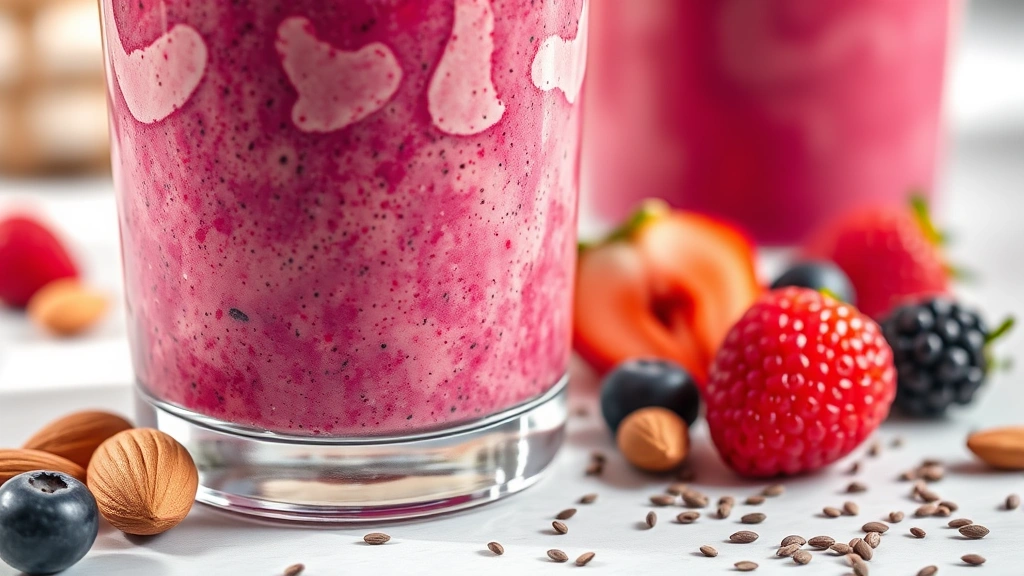 Close-up of a colorful protein shake in a glass with fresh berries, almonds, and chia seeds scattered nearby, bright natural lighting, healthy wellness aesthetic, photorealistic