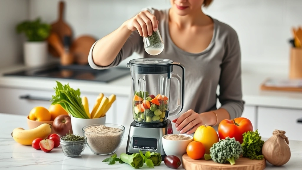 Woman measuring ingredients into a blender with fresh vegetables, fruits, and whole food items on counter, natural kitchen lighting, wellness lifestyle photography, no text visible
