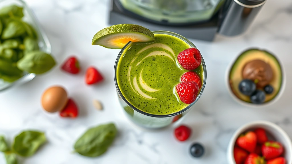 Photorealistic overhead shot of a vibrant green spinach smoothie in a clear glass with fresh berries, avocado slice, and almond butter swirl on white marble counter with blender and fresh ingredients nearby