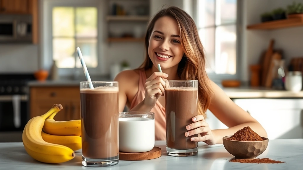 Photorealistic image of a woman enjoying a chocolate protein smoothie at her kitchen table, smiling with natural morning light, surrounded by fresh ingredients like bananas, Greek yogurt, and cocoa powder
