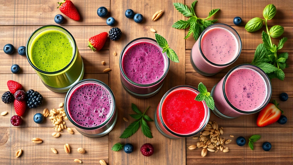 Photorealistic flat lay composition of multiple colorful smoothie glasses—green, purple, and pink—arranged on a wooden surface with scattered ingredients like berries, nuts, seeds, and fresh herbs, bright natural lighting