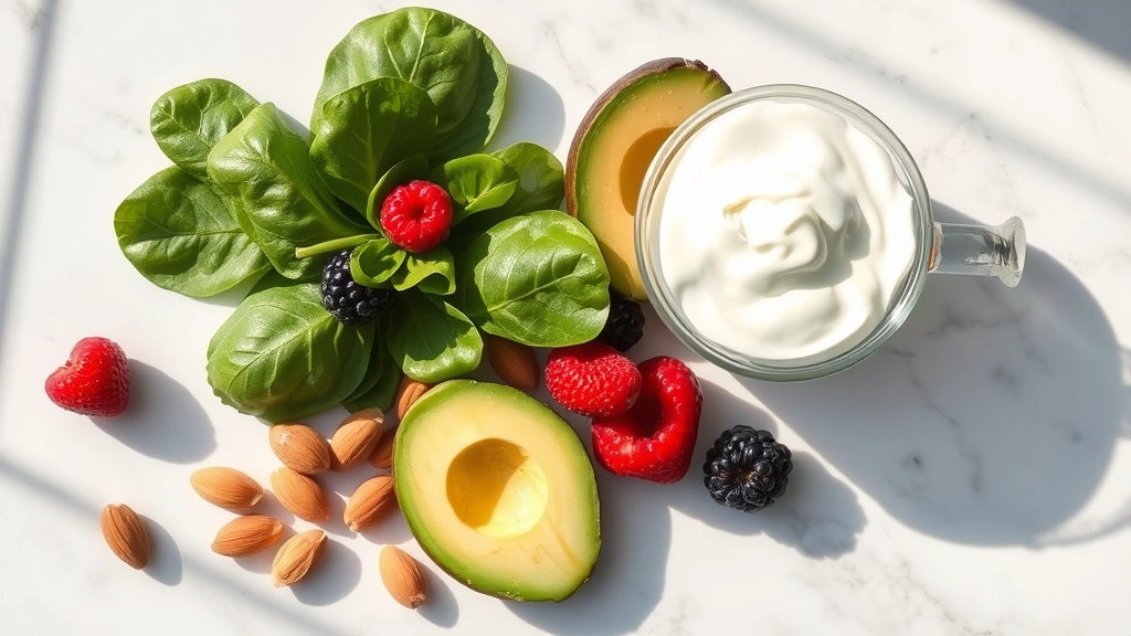 Close-up of fresh smoothie ingredients arranged artfully: spinach leaves, berries, almonds, avocado slices, and Greek yogurt on white marble surface with natural sunlight creating shadows