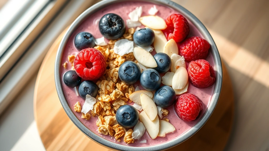 Colorful smoothie bowl topped with granola clusters, fresh blueberries, raspberries, coconut flakes, and sliced almonds photographed from above with soft natural window lighting
