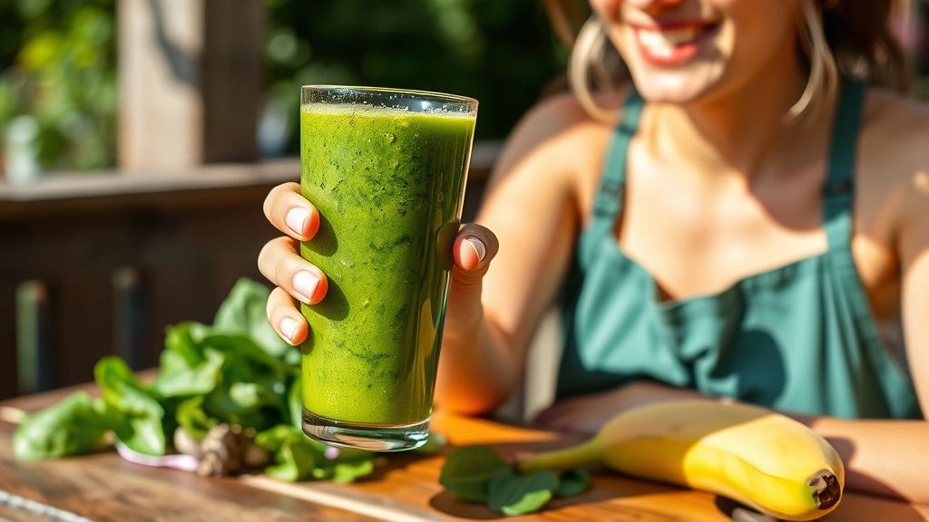 Woman holding a glass of vibrant emerald green smoothie outdoors in bright sunlight, smiling with fresh ingredients like spinach and banana visible nearby on wooden table