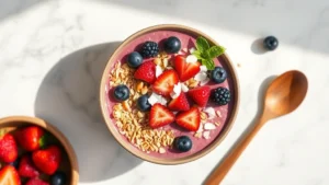 A vibrant, photorealistic smoothie bowl topped with fresh berries, granola, and coconut flakes, photographed from above in natural daylight with a wooden spoon beside it on a light marble countertop