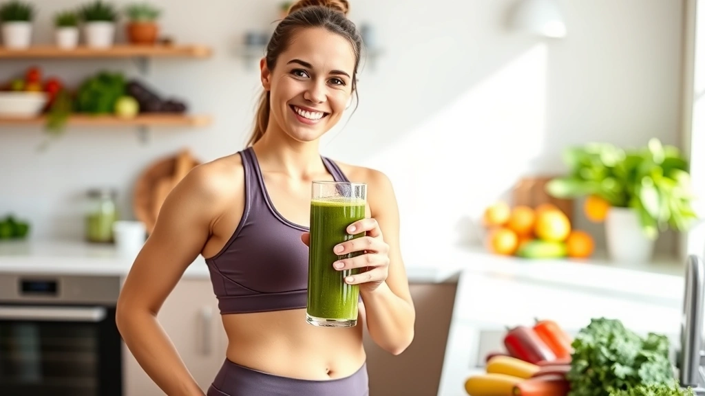 A fit woman in athletic wear holding a tall glass of thick green smoothie, smiling naturally while standing in a bright kitchen with fresh vegetables and fruits visible on the counter behind her