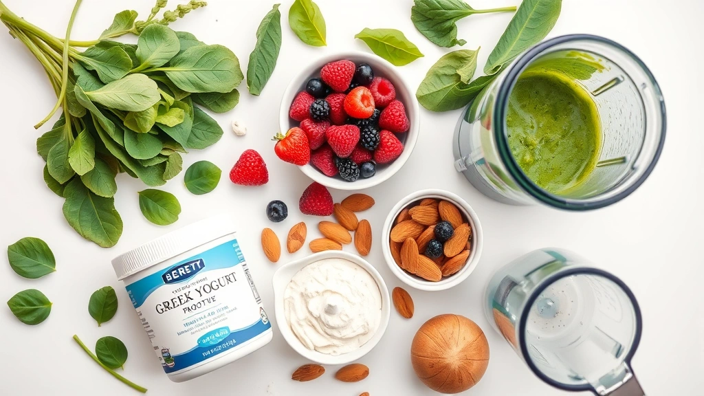 An overhead flat-lay composition showing ingredients for a healthy smoothie arranged artfully: fresh spinach, berries, almonds, Greek yogurt container, protein powder, and a blender pitcher on a clean white surface