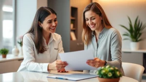 Professional female registered dietitian consultant reviewing nutrition plan with patient at modern wellness clinic desk, warm lighting, both smiling, clipboard visible