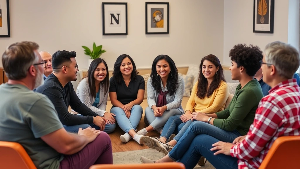 A diverse group of people sitting in a supportive circle during a wellness meeting, smiling and engaged in conversation, warm lighting, welcoming atmosphere, no visible text or identifying details