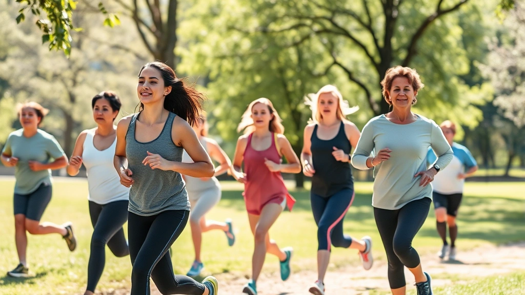 People of various ages and backgrounds exercising together outdoors in a park, jogging and stretching, natural sunlight, supportive community environment, energetic and inclusive, no text or numbers