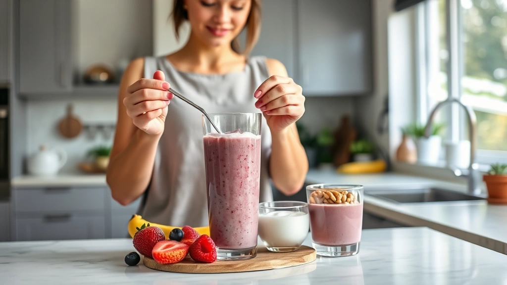 Woman measuring ingredients for a homemade smoothie with Greek yogurt, frozen fruit, and nuts in modern kitchen, natural daylight through windows