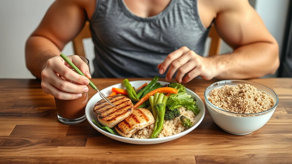 Fit individual enjoying a balanced meal with grilled chicken, vegetables, and whole grains at wooden table, representing transition from shakes to whole foods